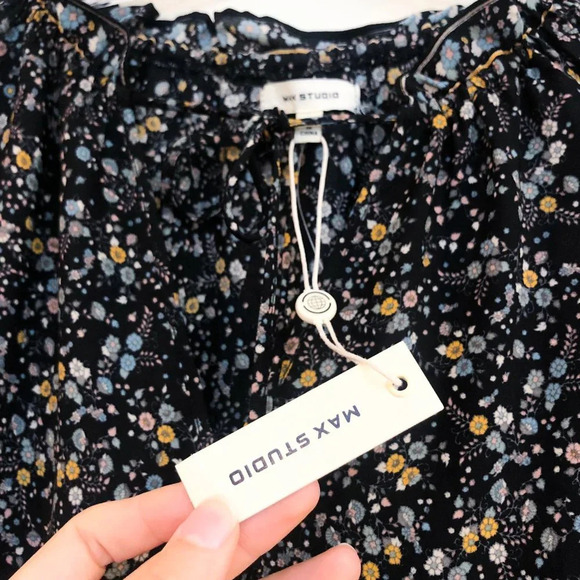 Max Studio Black V Neck Balloon Sleeve Floral Bohemian Casual Mini Dress S NWT - Picture 5 of 11